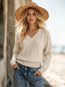 SHEIN LUNE 極簡休閒隨性風深V領羅紋領口、袖口與下擺，柔軟氛圍日常百搭女款針織衫，適合早午餐與辦公室，米色秋季 - 杏色 - 查看 6