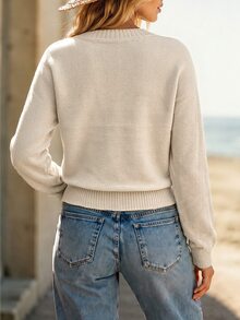 SHEIN LUNE 極簡休閒隨性風深V領羅紋領口、袖口與下擺，柔軟氛圍日常百搭女款針織衫，適合早午餐與辦公室，米色秋季 - 杏色 - 查看 2