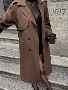 Lavishia Faux Suede Brown Thermal Lined Elegant Fashionable Commuter Trench Coat,Fall,Fall Clothes For Women - Brown - View 6