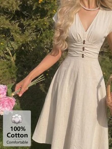 SHEIN MOD 女款V領小飛袖米色洋裝，優雅浪漫法式風，適合早午餐、度假、夏季茶會 - 杏色 - 查看 4