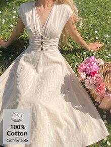 SHEIN MOD 女款V領小飛袖米色洋裝，優雅浪漫法式風，適合早午餐、度假、夏季茶會 - 杏色 - 查看 2