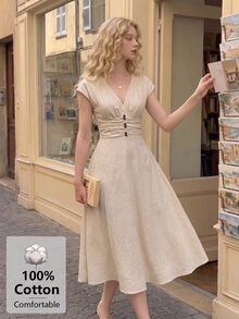 SHEIN MOD 女款V領小飛袖米色洋裝，優雅浪漫法式風，適合早午餐、度假、夏季茶會 - 杏色 - 查看 8