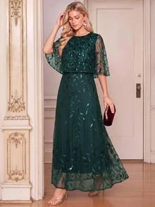 Amorya Women's Elegant Mature Sequin Dress For Evening Dinner Cocktail Party And Date Wedding Dark Green Autumn - Dark Green - View 1