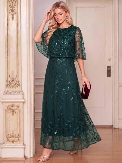 Amorya Women's Elegant Mature Sequin Dress For Evening Dinner Cocktail Party And Date Wedding Dark Green Autumn