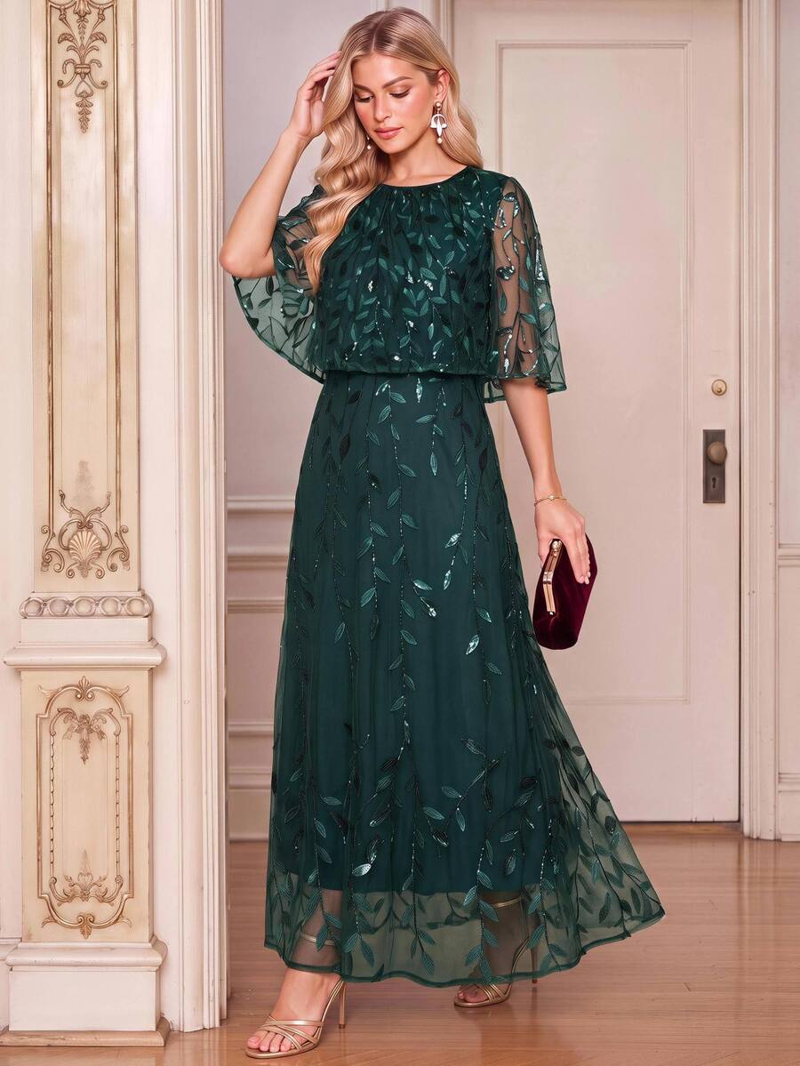 Amorya Women's Elegant Mature Sequin Dress For Evening Dinner Cocktail Party And Date Wedding Dark Green Autumn - Dark Green - View 1