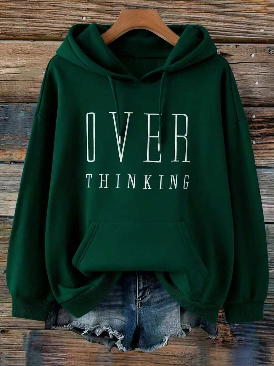 EMERY ROSE Plus Size Women's Letter Embroidery Sweatshirt,Casual Loose Fit Retro American Style Text Print Dark Green,Autumn,Casual,School,Back-To-School Y2k - Dark Green - View 1