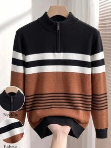 Manfinity Homme 男士半拉鍊高領長袖套頭毛衣，休閒針織秋冬款，棕黑拼色寬鬆版型時尚百搭條紋套頭毛衣，老錢風 - 彩色 - 查看 3