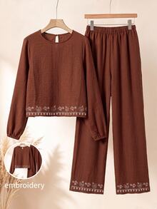 Rusticease Middle-Aged Women's Thanksgiving Casual Baggy Top And Pants Set Formal Holiday Office Going Out Brown Fall - Rust Brown - View 1