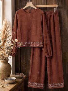 Rusticease Middle-Aged Women's Thanksgiving Casual Baggy Top And Pants Set Formal Holiday Office Going Out Brown Fall - Rust Brown - View 3