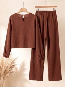 Rusticease Middle-Aged Women's Thanksgiving Casual Baggy Top And Pants Set Formal Holiday Office Going Out Brown Fall - Rust Brown - View 2