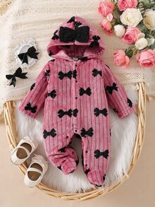 SHEIN 新生女嬰可愛拉鍊式蝴蝶結裝飾鈕扣抓絨內裡連帽長袖長版粉色連身衣，冬季穿著，寬鬆舒適 - 粉色 - 查看 4