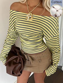 SHEIN EZwear 女款黃色條紋針織長袖休閒T恤 - 黃色 - 查看 8