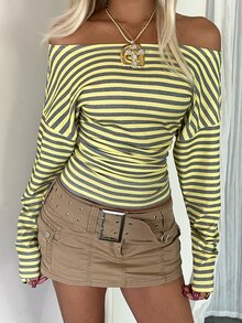 SHEIN EZwear 女款黃色條紋針織長袖休閒T恤 - 黃色 - 查看 6