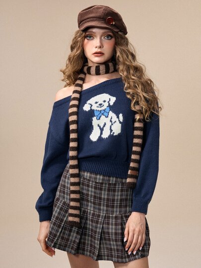 Kawaii Women's Asymmetrical Collar Cute Puppy Knit Sweater Japanese Vintage