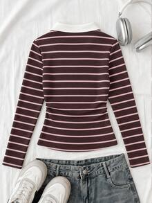 SHEIN Tween Girl Patchwork Contrast Kids Color Striped Long Sleeve Casual T-Shirt - Burgundy - View 2
