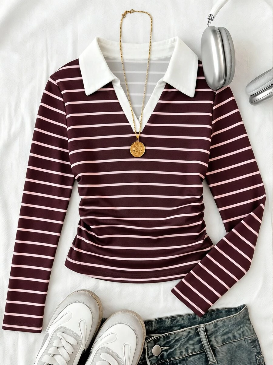 SHEIN Tween Girl Patchwork Contrast Kids Color Striped Long Sleeve Casual T-Shirt - Burgundy - View 1