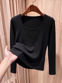 Rusticease Solid Color Long Sleeve T-Shirt Middle-Aged Elderly Women Casual Básica Baggy Granny Daily Wear Holiday Formal Home Going Out Senior Black Fall - Black - View 1