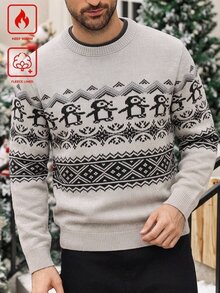 Manfinity Homme 聖誕男士圓領企鵝圖案毛衣，適合情侶、家庭穿著 - 米色 - 查看 2