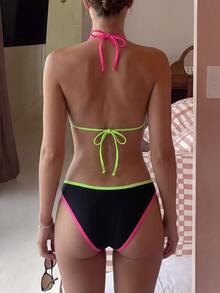 SHEIN Swim Summer Beach Contrast Binding Tie Back Halter Bikini - Black - View 2