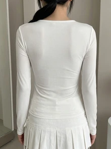 DAZY White Lace Patchwork V-Neck Frill Trim Fitted Long Sleeve Minimalist Sexy Style Versatile T-Shirt Top Fall Y2k - White - View 4