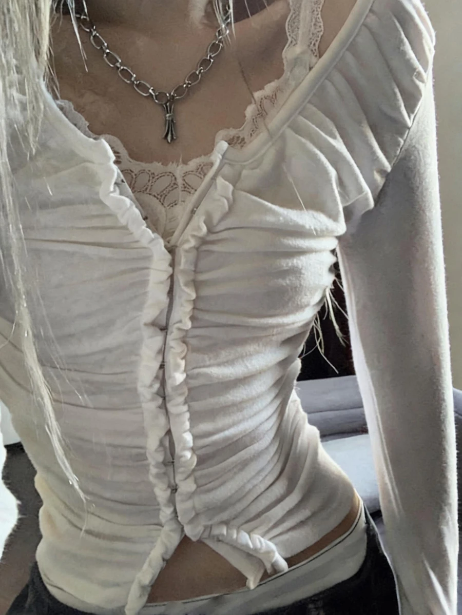 DAZY White Lace Patchwork V-Neck Frill Trim Fitted Long Sleeve Minimalist Sexy Style Versatile T-Shirt Top Fall Y2k - White - View 1