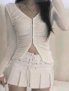 DAZY White Lace Patchwork V-Neck Frill Trim Fitted Long Sleeve Minimalist Sexy Style Versatile T-Shirt Top Fall Y2k - White - View 3