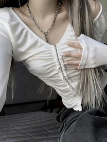 DAZY White Lace Patchwork V-Neck Frill Trim Fitted Long Sleeve Minimalist Sexy Style Versatile T-Shirt Top Fall Y2k - White - View 2