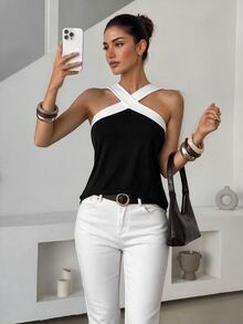Lavishia Women Summer Black And White Splicing Casual Elegant Loose Halter Tank Top Halter Top Party - Black and White - View 1