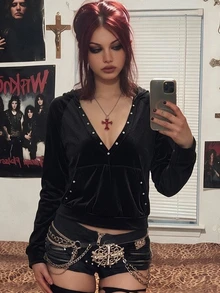 EgrlEra Lightweight Street Punk Dark Velvet Rivet Decor Hooded Slim Fit Long Sleeve Sweatshirt - Black - View 1