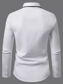 Manfinity Bizformal 男士白色正式襯衫，黑色滾邊細節，胸前口袋，長袖商務休閒上衣，老錢風 - 白色 - 查看 3