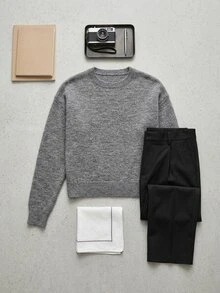 Manfinity Homme Men's Solid Color Crew Neck Drop Shoulder Long Sleeve Casual Sweater, Old Money - Grey - View 3