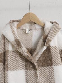 SHEIN Tween Girls Autumn/Winter Casual Elegant Vintage Preppy Style Khaki Plaid Fuzzy Open Front Mid-Length Jacket With Pockets, Suitable For Back To School, Autumn/Winter Outings, Daily Wear - Khaki - View 5