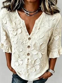 SHEIN LUNE Plus Size Women's Fashion Small V-Neck All-Over Print 3/4 Sleeve Top Fall - Apricot - View 5
