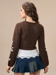 ROMWE Autumn/Winter Fairycore Embroidered V-Neck Vintage Cardigan Sweater For Women - Brown - View 3