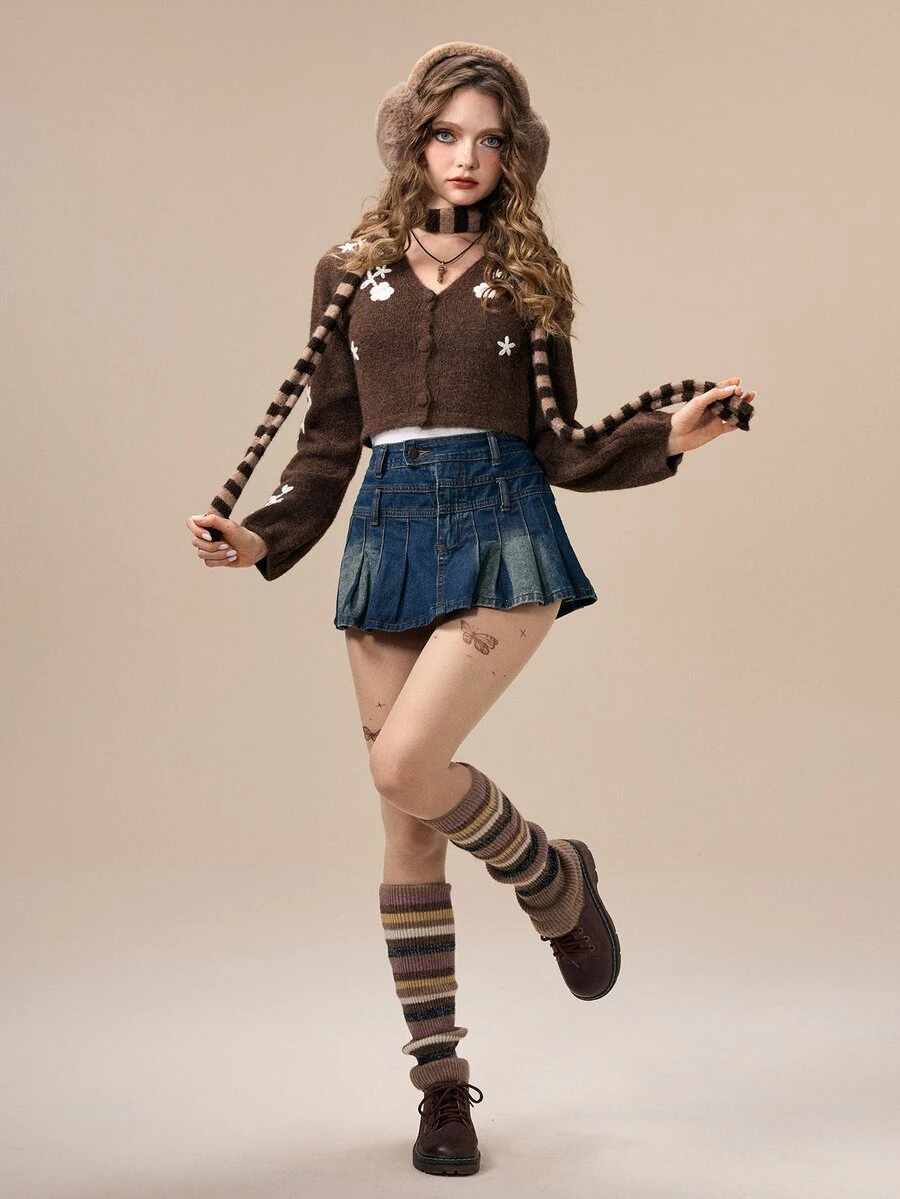 ROMWE Autumn/Winter Fairycore Embroidered V-Neck Vintage Cardigan Sweater For Women - Brown - View 1