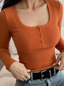 DAZY Orange Round Neck Ribbed Button Half-Placket Slim Fit Long Sleeve Casual Versatile Knit Base Layer T-Shirt Top Fall - Burgundy - View 3