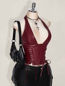 SHEIN ICON Plus Size Women's Solid Color Simple Casual PU Leather Halter Neck Grommet Decor Tied Tank Y2K Going Out Burgundy V-Neck Off Shoulder Top Goth Goth - Burgundy - View 4