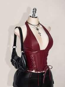 SHEIN ICON Plus Size Women's Solid Color Simple Casual PU Leather Halter Neck Grommet Decor Tied Tank Y2K Going Out Burgundy V-Neck Off Shoulder Top Goth Goth - Burgundy - View 8