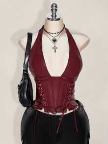 SHEIN ICON Plus Size Women's Solid Color Simple Casual PU Leather Halter Neck Grommet Decor Tied Tank Y2K Going Out Burgundy V-Neck Off Shoulder Top Goth Goth - Burgundy - View 3
