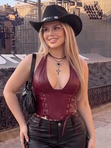 SHEIN ICON Plus Size Women's Solid Color Simple Casual PU Leather Halter Neck Grommet Decor Tied Tank Y2K Going Out Burgundy V-Neck Off Shoulder Top Goth Goth - Burgundy - View 2