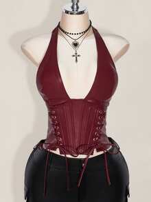 SHEIN ICON Plus Size Women's Solid Color Simple Casual PU Leather Halter Neck Grommet Decor Tied Tank Y2K Going Out Burgundy V-Neck Off Shoulder Top Goth Goth - Burgundy - View 5