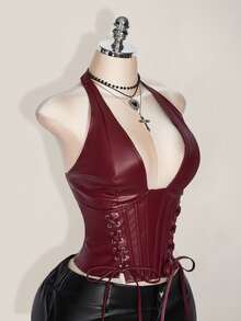 SHEIN ICON Plus Size Women's Solid Color Simple Casual PU Leather Halter Neck Grommet Decor Tied Tank Y2K Going Out Burgundy V-Neck Off Shoulder Top Goth Goth - Burgundy - View 7