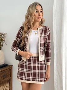EMERY ROSE Women's Casual Elegant Plaid Cardigan & Knit Skirt Set 2 Piece Set Woman Winter Fall - Multicolor - View 5