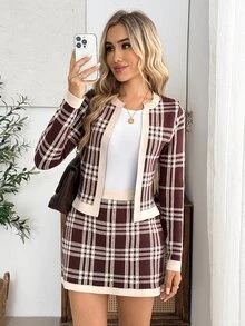 EMERY ROSE Women's Casual Elegant Plaid Cardigan & Knit Skirt Set 2 Piece Set Woman Winter Fall - Multicolor - View 3