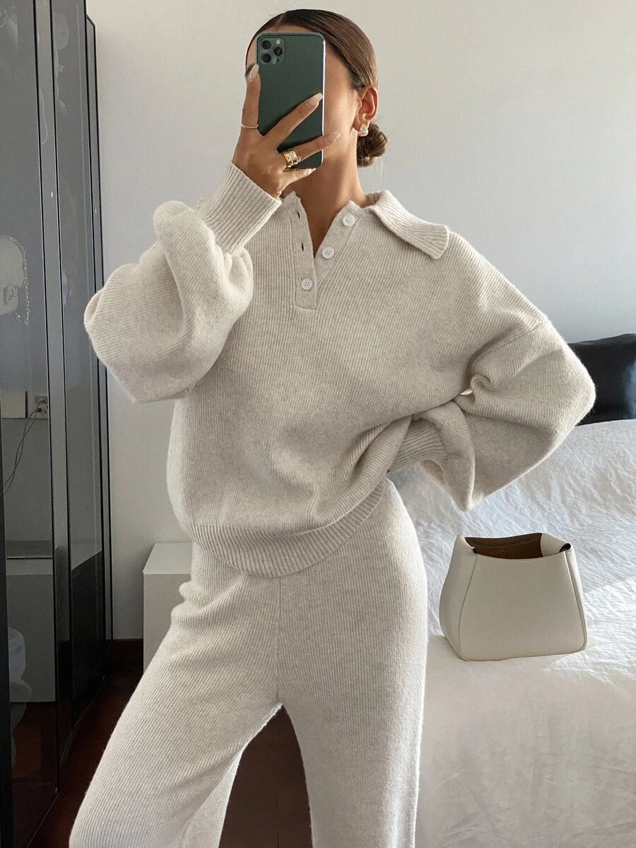 Livesso 2pcs Women Casual Collared Sweater And Pants Set, Autumn Long Sleeve Tops - Beige - View 1