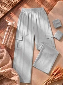 SHEIN Cheerettes 女款休閒口袋工裝運動長褲 - 灰色 - 查看 3