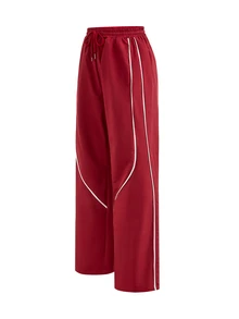 SHEIN Cheerettes 女款純色彈性腰抽繩設計時尚運動寬鬆長褲 - 紅色 - 查看 6