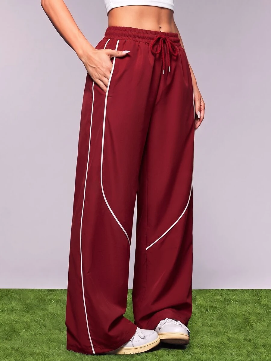 SHEIN Cheerettes 女款純色彈性腰抽繩設計時尚運動寬鬆長褲 - 紅色 - 查看 1