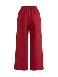 SHEIN Cheerettes 女款純色彈性腰抽繩設計時尚運動寬鬆長褲 - 紅色 - 查看 5