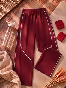SHEIN Cheerettes 女款純色彈性腰抽繩設計時尚運動寬鬆長褲 - 紅色 - 查看 3